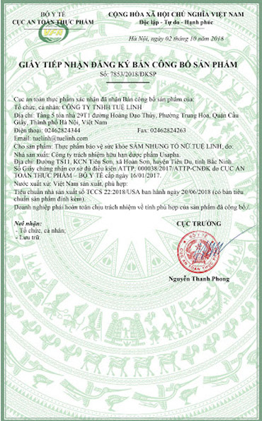 giấy đăng ký sâm nhung tố nữ tuệ linh