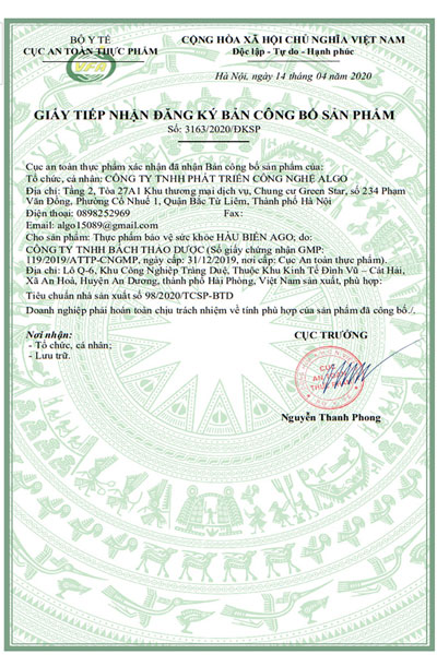 giấy đăng ký sản phẩm ago men