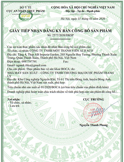 giấy đăng ký sản phẩm boca