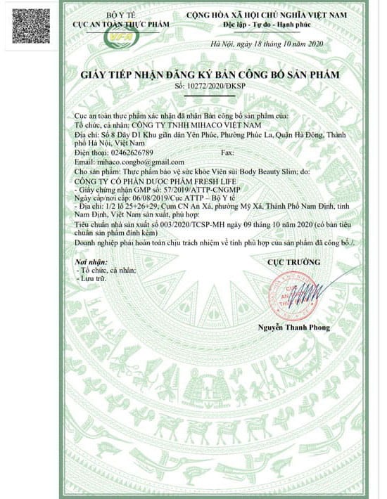 giấy đăng ký body beauty slim
