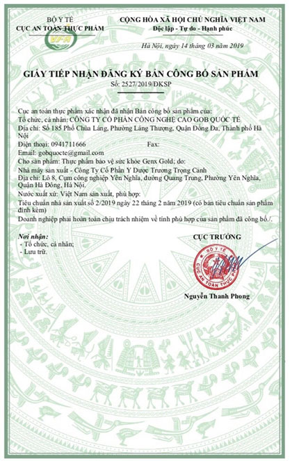 giấy đăng ký sản phẩm gen x gold