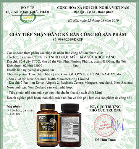 giấy đăng ký go oyster plus zinc