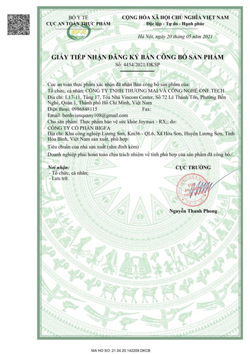 giấy chứng nhận joymax rx