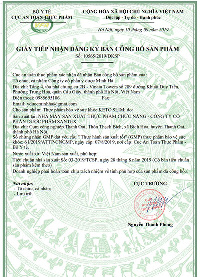 giấy đăng ký sản phẩm keto slim