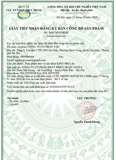 giấy đăng ký sản phẩm king pro
