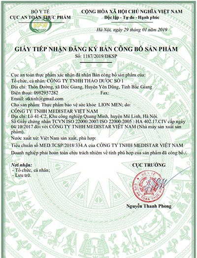 giấy đăng ký sản phẩm lion men