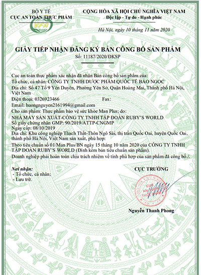 giấy đăng ký sản phẩm men plus