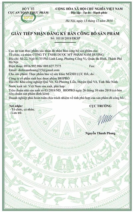 giấy đăng ký sản phẩm mãnh lực đà
