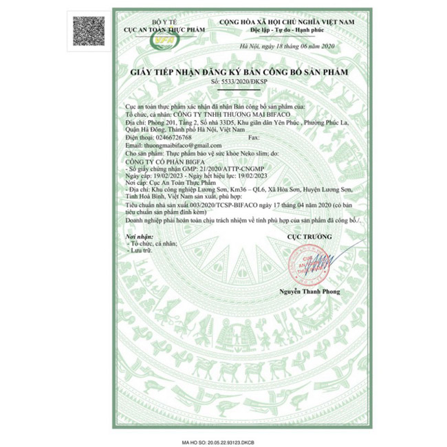 giấy đăng ký sản phẩm neko slim