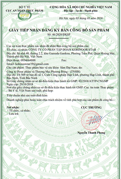 giấy đăng ký sâm đại nam