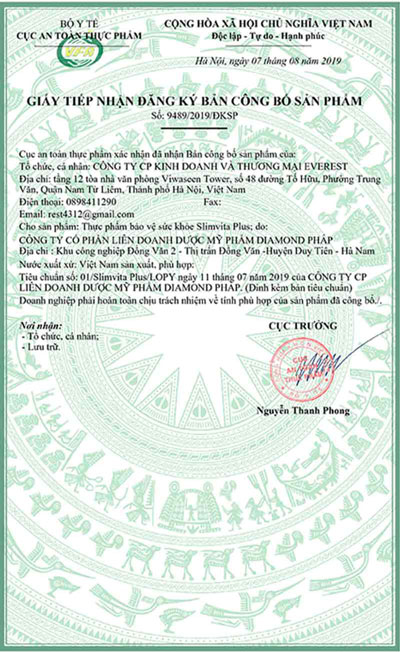 giấy đăng ký slim vita plus