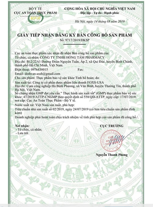 giấy đăng ký sản phẩm tinh bổ hoàn