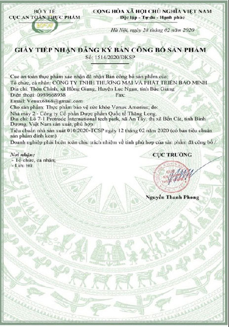 giấy công bố venux amorius
