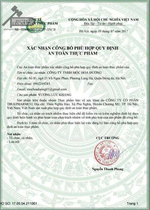 giấy công bố sản phẩm vương lực khang