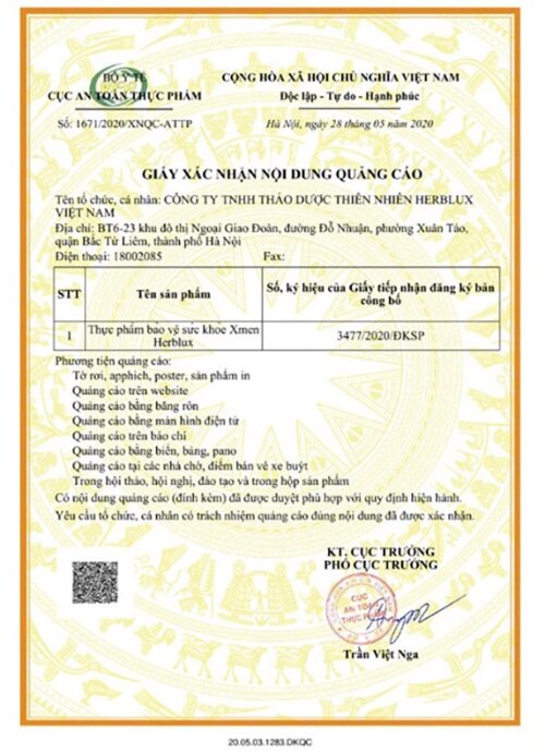 giấy đăng ký sản phẩm xmen herblux