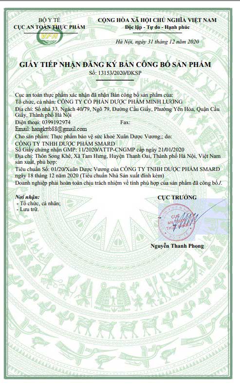 giấy đăng ký sản phẩm xuân dược vương
