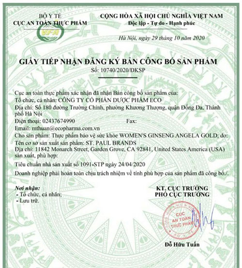 giấy đăng ký sản phẩm angela gold