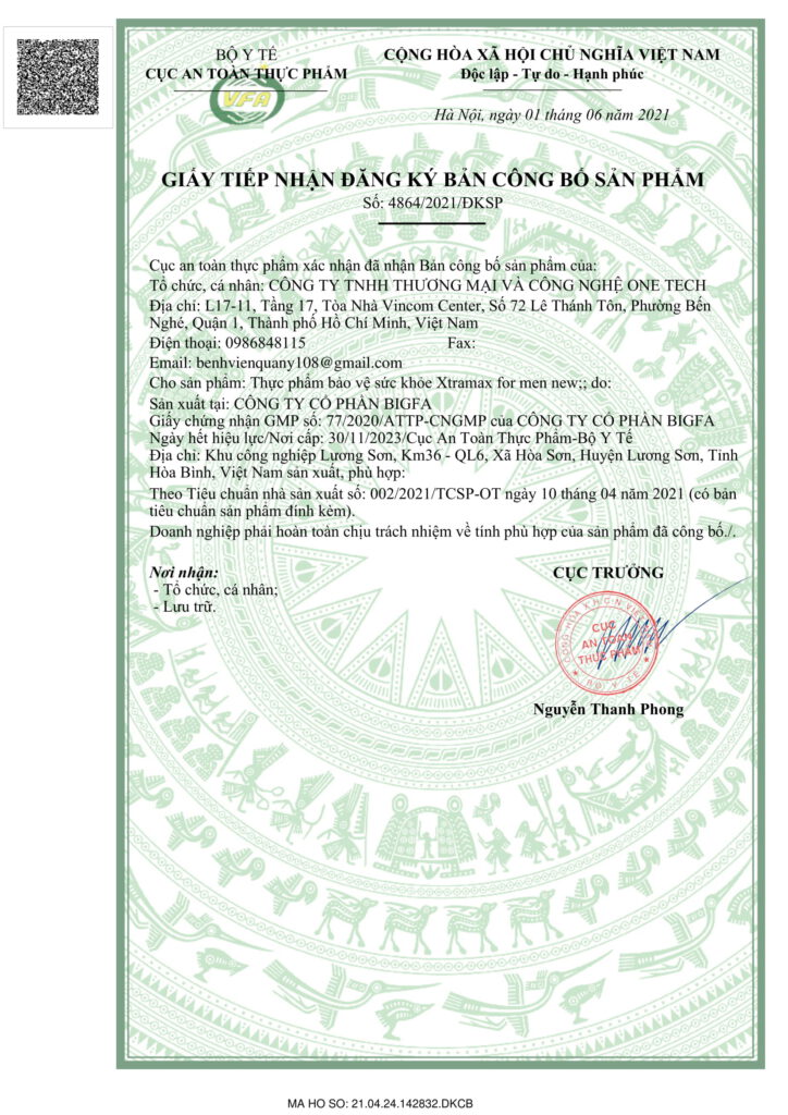 giấy chứng nhận xtramax for men