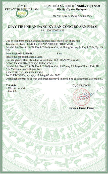 giấy chứng nhận bổ thận pv plus