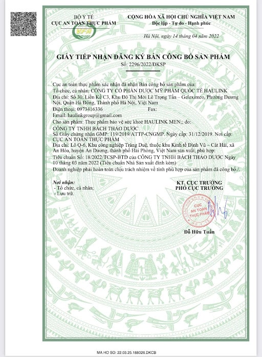 giấy chứng nhận haulink men