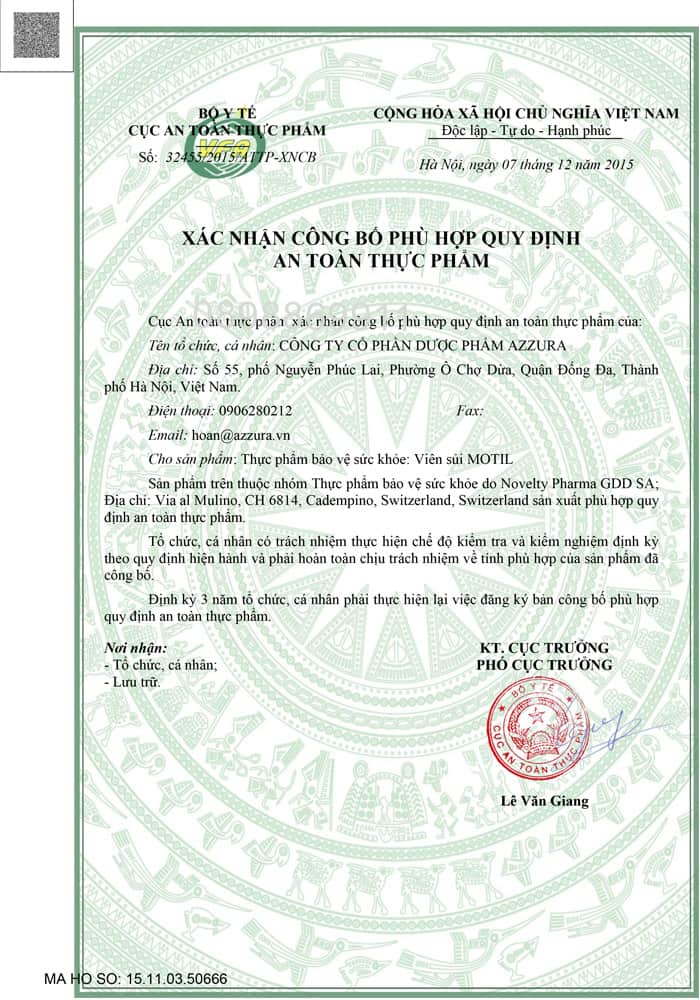 giấy chứng nhận motil