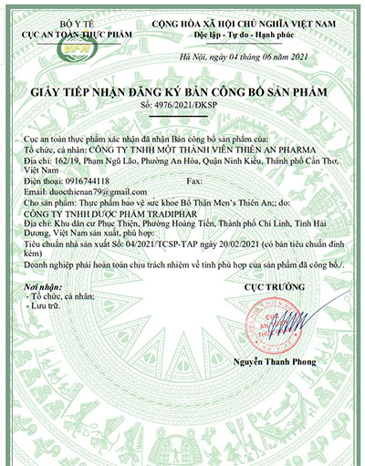 giấy công bố sản phẩm bổ thận men thiên an