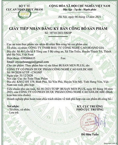 giấy công bố sản phẩm busan men plus