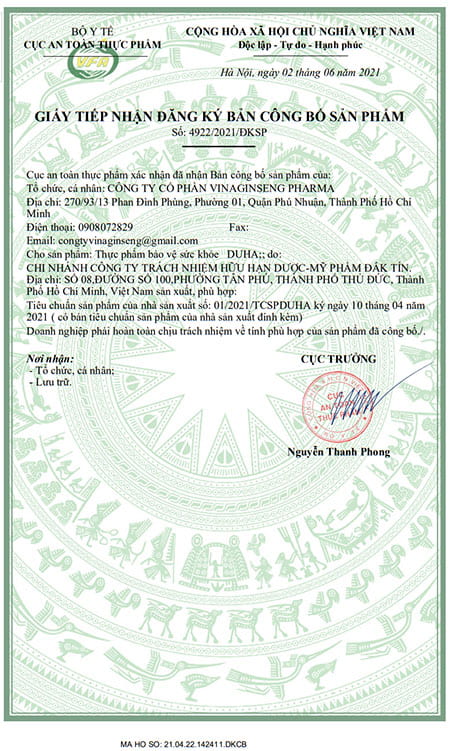 giấy công bố sản phẩm duha