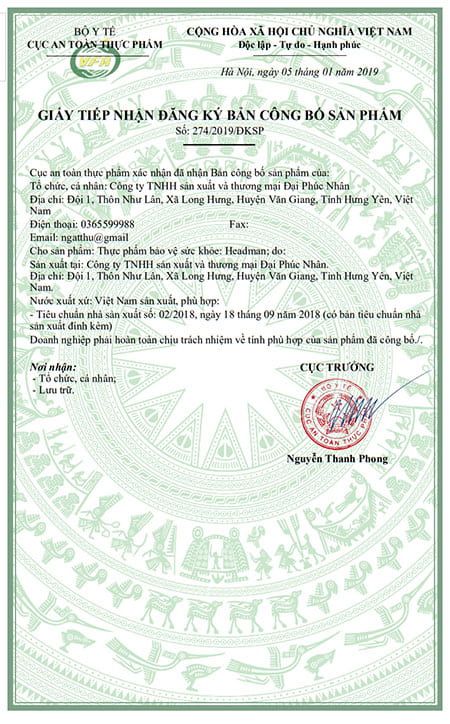 giấy công bố sản phẩm headman