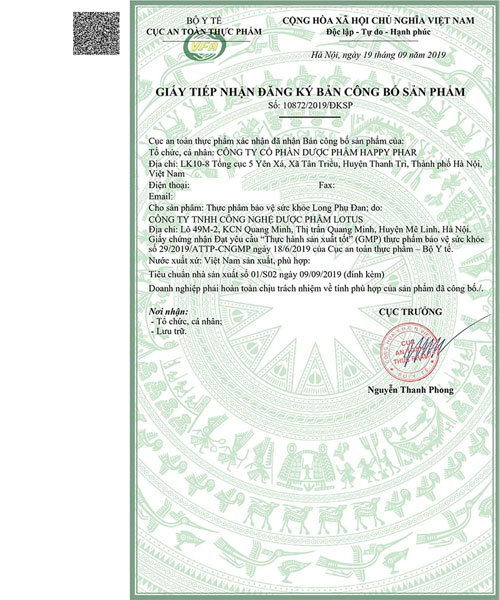 giấy chứng nhận long phụ đan