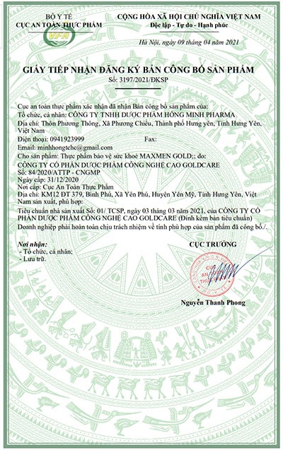 giấy công bố sản phẩm maxmen gold