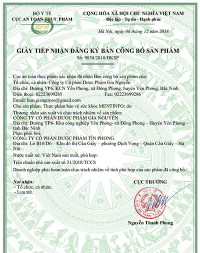 giấy công bố sản phẩm mentinfo