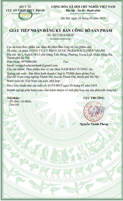 giấy chứng nhận nam bảo vương