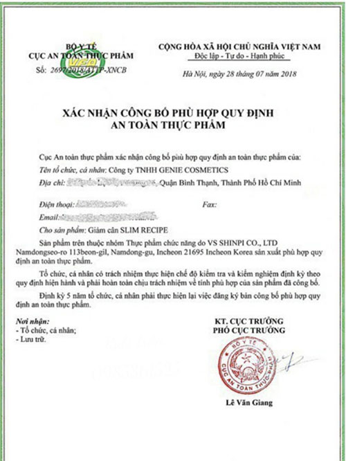 giấy đăng ký slim recipe