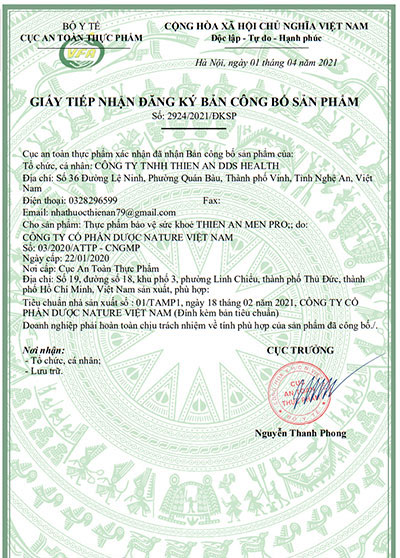 giấy công bố sản phẩm thiên an men pro