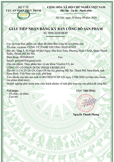 giấy đăng ký sản phẩm vinslim v3