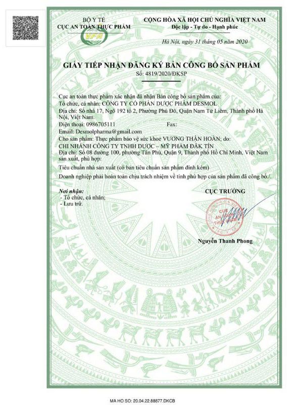 giấy chứng nhận vương thận hoàn