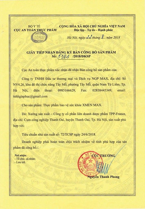 giấy công bố sản phẩm xmen max