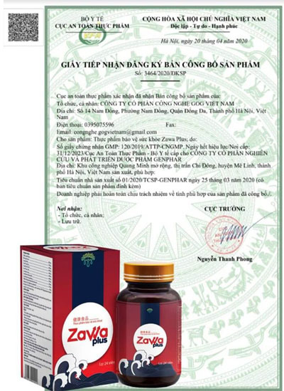 giấy công bố sản phẩm zawa plus
