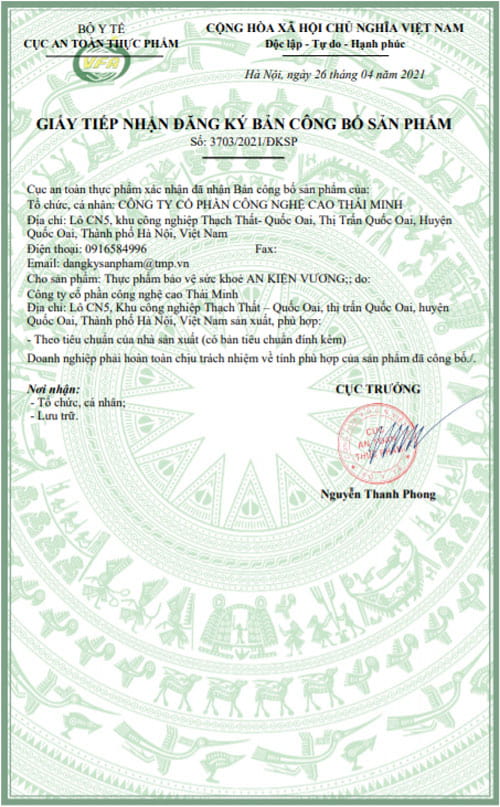 giấy công bố sản phẩm an kiện vương