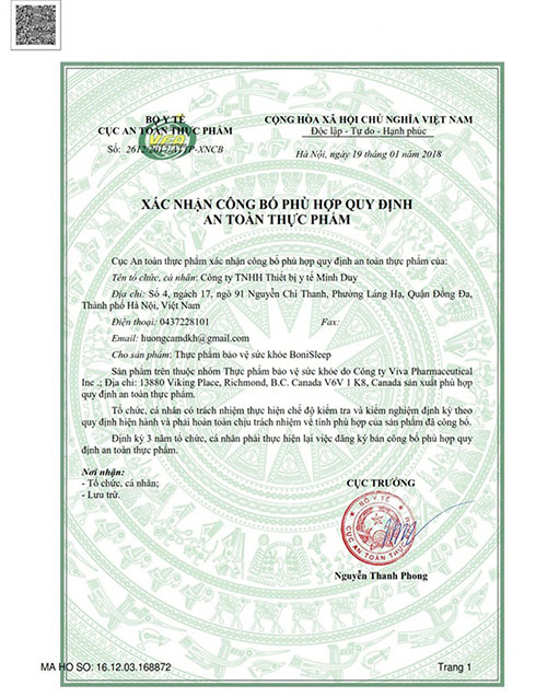 giấy chứng nhận boni sleep