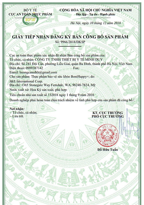 giấy công bố sản phẩm bonihappy
