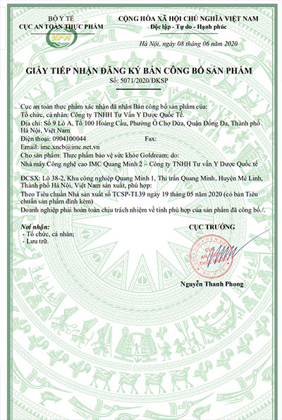 giấy công bố sản phẩm goldream