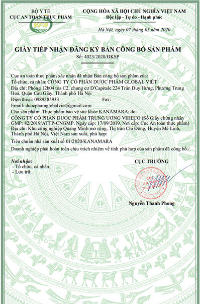 giấy công bố sản phẩm kanamara