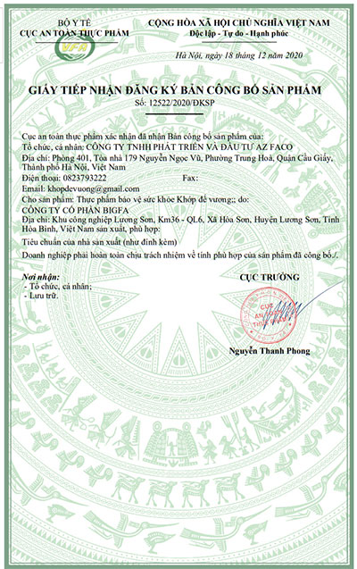 giấy công bố sản phẩm khớp đế vương