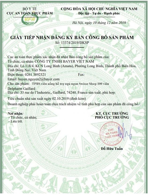 giấy công bố sản phẩm swisse sleep