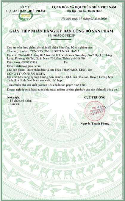 giấy chứng nhận thảo mộc linh