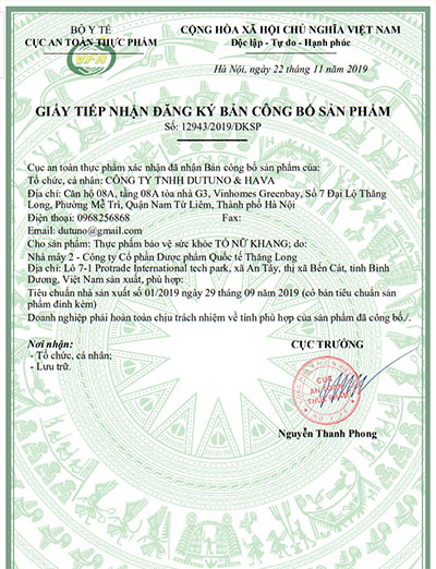 giấy công bố sản phẩm tố nữ khang