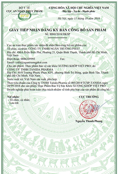 giấy công bố sản phẩm xương khớp việt pro