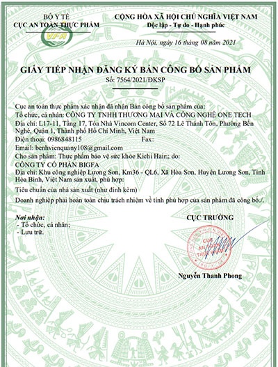 giấy đăng ký sản phẩm kichi hair